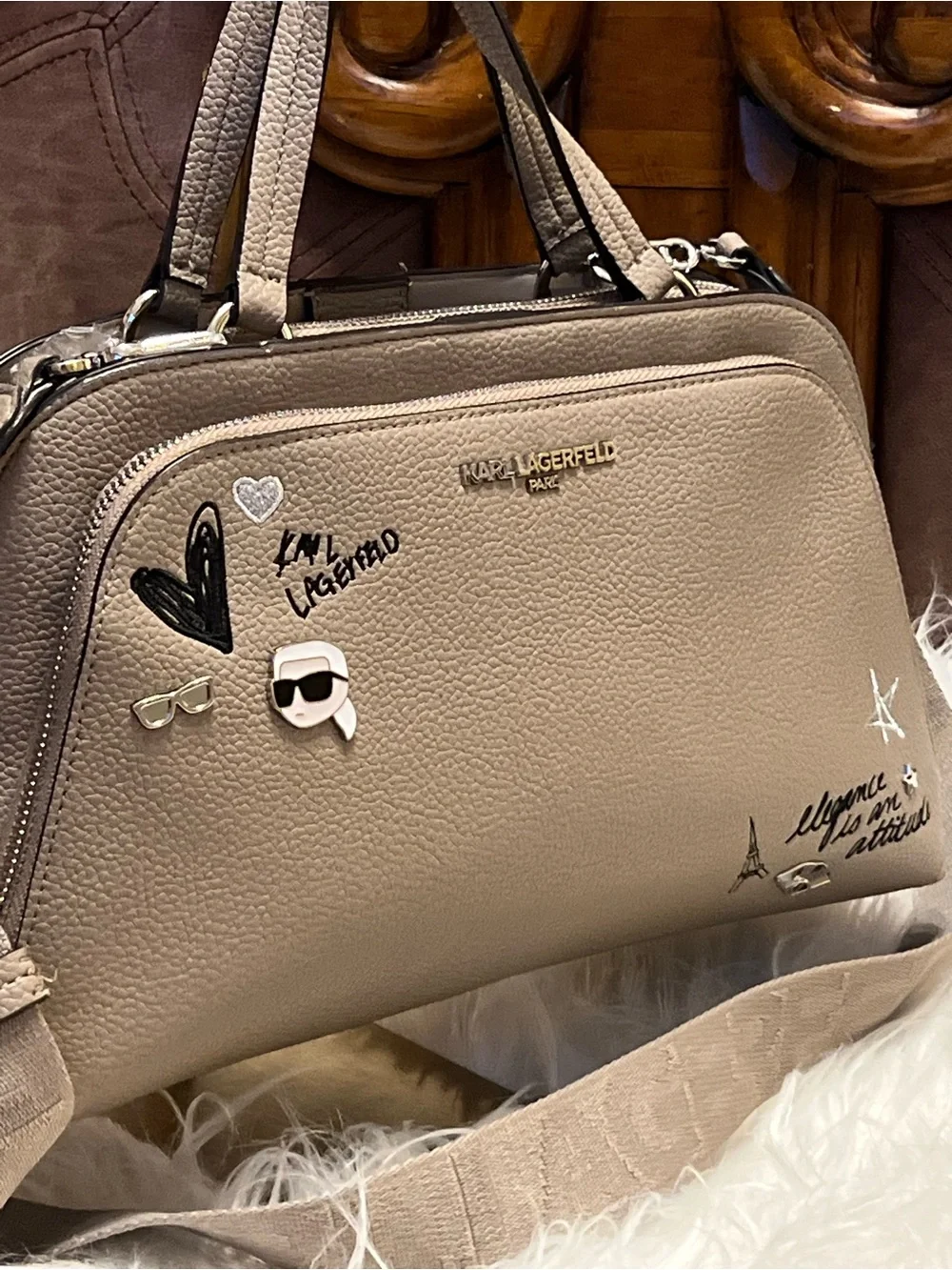 Karl Lagerfeld taupe satchel with playful decals